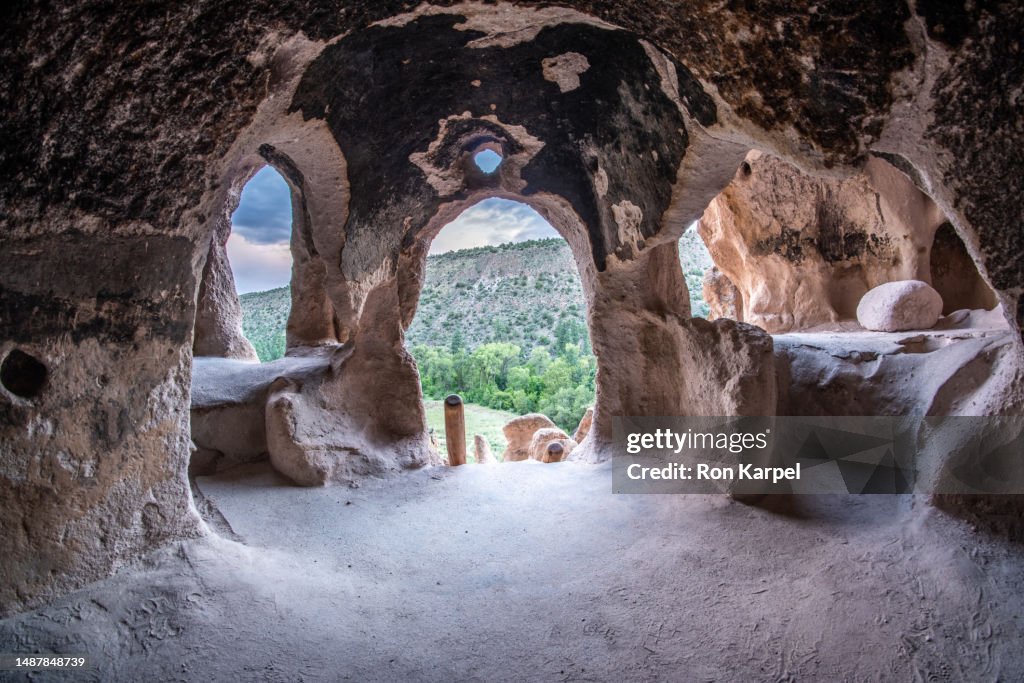 View of the cavate opening from the inside, a cave used by ancestral Pueblo as a home, Talus House Area, Frijoles Canyon, Bandelier NM, New Mexico