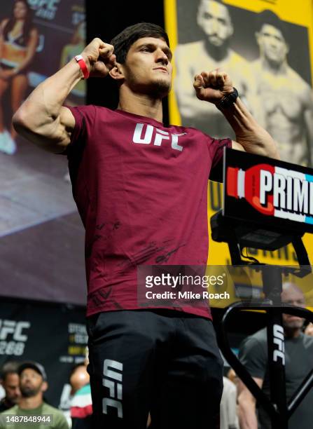 Movsar Evloev of Russia poses on the scale during the UFC 288 ceremonial weigh-in at Prudential Center on May 05, 2023 in Newark, New Jersey.