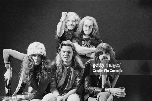 English rock groups Deep Purple posed during the band's tour of Japan in December 1975. Left to right: top row - singer David Coverdale and drummer...