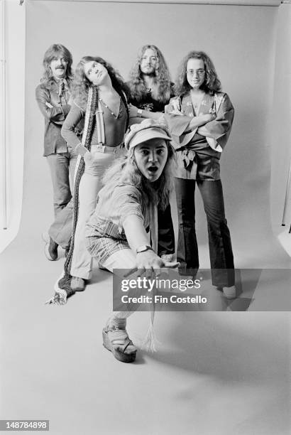 English rock group Deep Purple posed during the band's tour of Japan in December 1975. Left to right: Keyboard player Jon Lord bassist Glenn Hughes,...