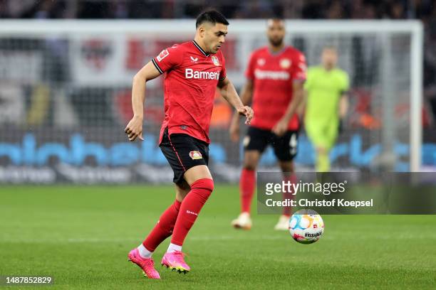 Nadiem Amiri of Leverkusen runs with the ball during the Bundesliga match between Bayer 04 Leverkusen and 1. FC Köln at BayArena on May 05, 2023 in...