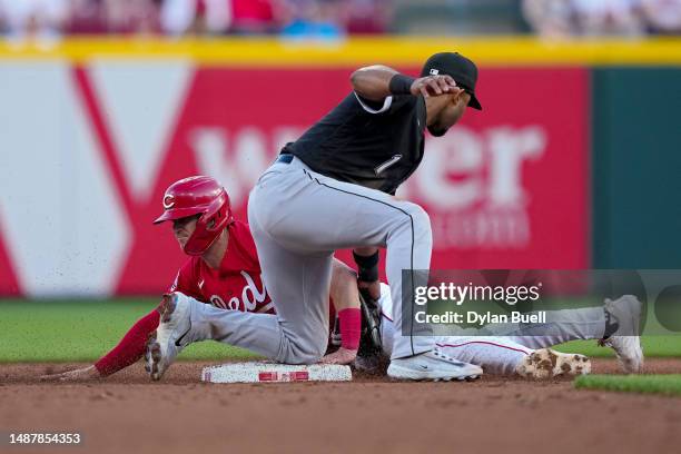 Kevin Newman of the Cincinnati Reds steals second base past Elvis Andrus of the Chicago White Sox in the third inning at Great American Ball Park on...