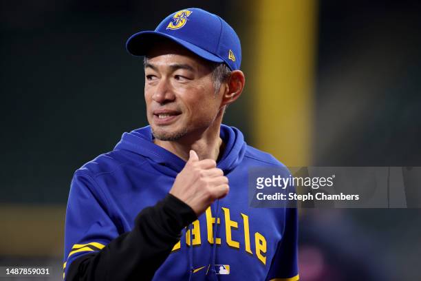 Ichiro Suzuki of the Seattle Mariners looks on before the game against the Houston Astros at T-Mobile Park on May 05, 2023 in Seattle, Washington.