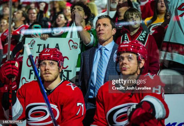 Head coach Rod Brind'Amour of the Carolina Hurricanes is seen on the bench prior to Game Two of the Second Round of the 2023 Stanley Cup Playoffs...