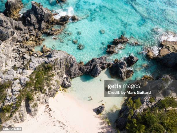 horseshoe bay beach cove aerial, bermuda - bermuda beach imagens e fotografias de stock