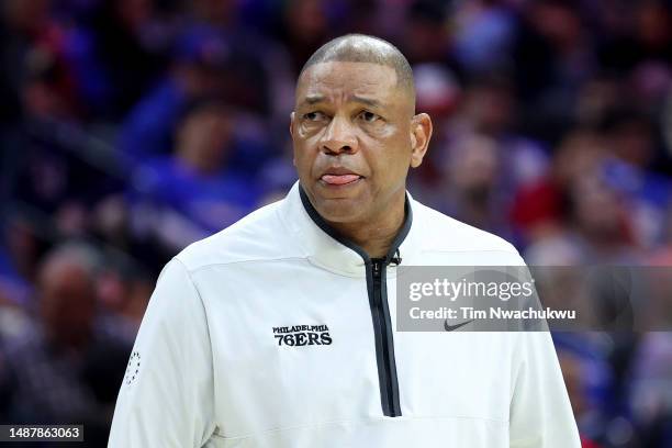 Head Coach Doc Rivers of the Philadelphia 76ers reacts against the Boston Celtics in game three of the Eastern Conference Second Round Playoffs at...