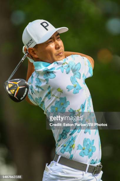 Justin Suh of the United States tees off from the fifth hole during round two of the Wells Fargo Championship at Quail Hollow Club on May 5, 2023 in...