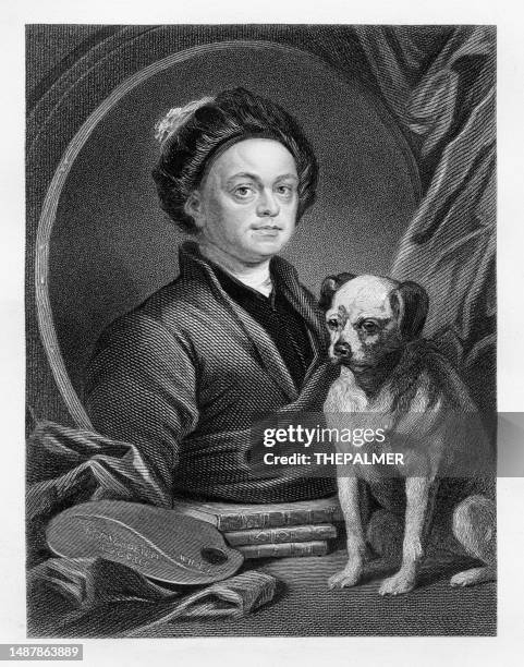 william hogarth - english painter - engraving 1884 - pug portrait stock illustrations
