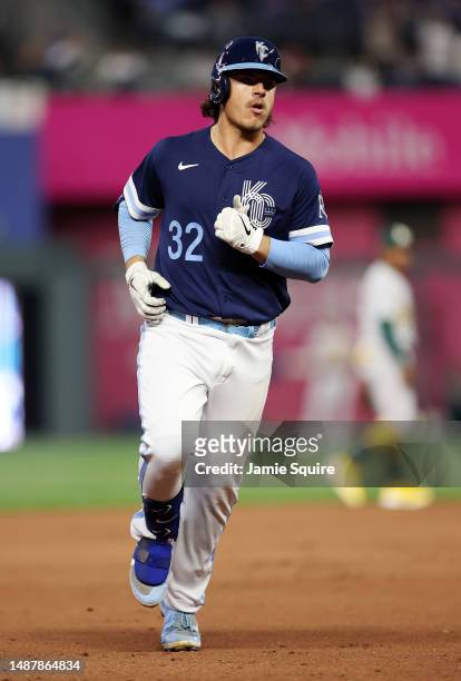 Nick Pratto of the Kansas City Royals rounds the bases after hitting a home run during the 4th inning of the game at Kauffman Stadium on May 05, 2023...