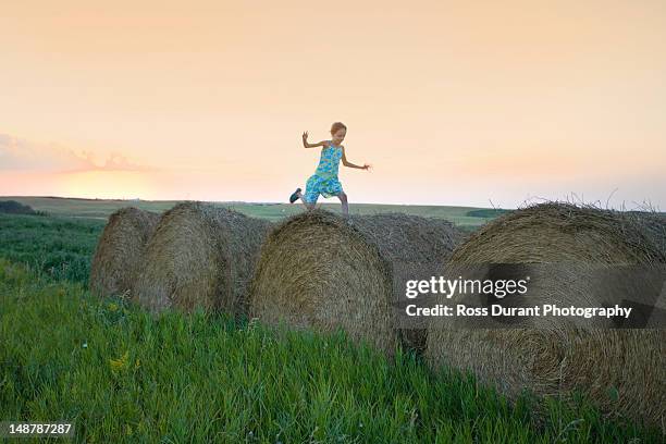 a carefree girl jumping on hay bales - saskatoon 個照片及圖片檔