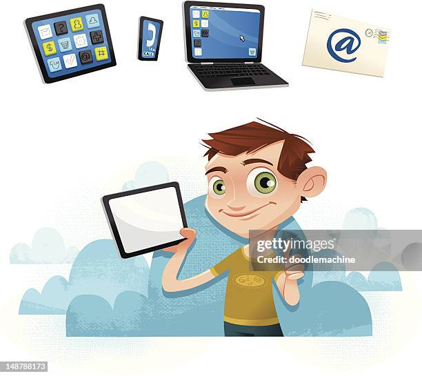 ilustrações de stock, clip art, desenhos animados e ícones de cool rapaz com um tablet em nuvem! - ipad