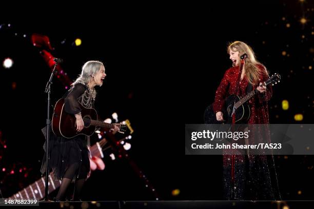 Phoebe Bridgers and Taylor Swift perform onstage during night one of Taylor Swift | The Eras Tour at Nissan Stadium on May 05, 2023 in Nashville,...