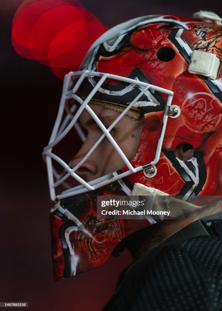 Akira Schmid of the New Jersey Devils before the start of the third ...