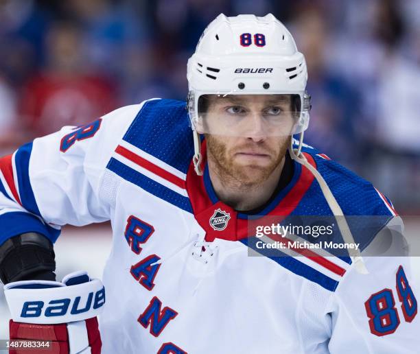 Patrick Kane of the New York Rangers skates during warmups prior to the game against the New York Rangers in Game Seven of the First Round of the...