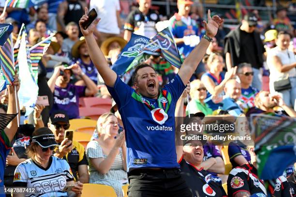 Warriors fan shows his support during the round 10 NRL match between the New Zealand Warriors and Penrith Panthers at Suncorp Stadium on May 06, 2023...