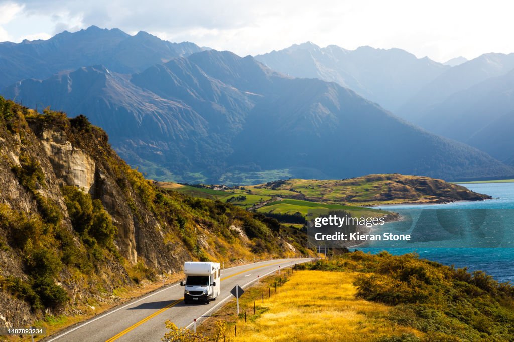Campervan on Road by Lake Hawea