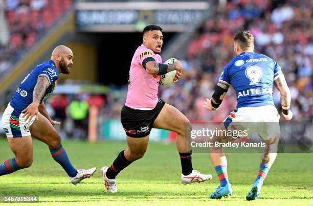 Spencer Leniu of the Panthers runs with the ball during the round 10 NRL match between the New Zealand Warriors and Penrith Panthers at Suncorp...