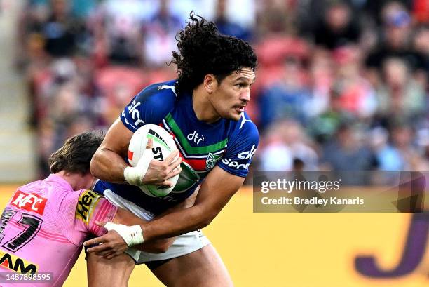 Dallin Watene-Zelezniak of the Warriors attempts to break free from the defence during the round 10 NRL match between the New Zealand Warriors and...