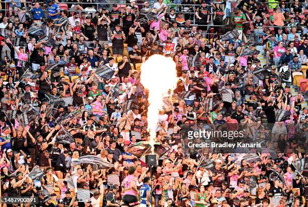Panthers fans celebrate a try by Spencer Leniu of the Panthers during the round 10 NRL match between the New Zealand Warriors and Penrith Panthers at...