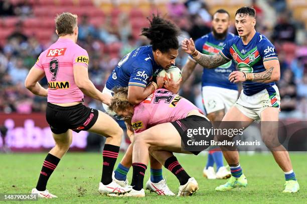 Bunty Afoa of the Warriors takes on the defence during the round 10 NRL match between the New Zealand Warriors and Penrith Panthers at Suncorp...