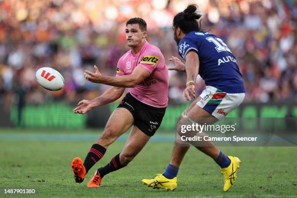 Nathan Cleary of the Panthers passes during the round 10 NRL match between the New Zealand Warriors and Penrith Panthers at Suncorp Stadium on May...