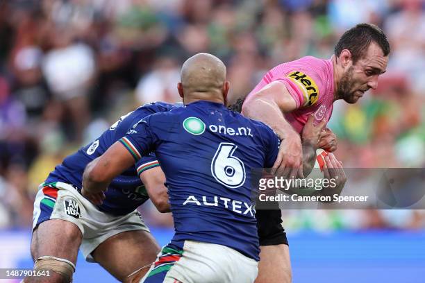 Isaah Yeo of the Panthers is tackled during the round 10 NRL match between the New Zealand Warriors and Penrith Panthers at Suncorp Stadium on May...