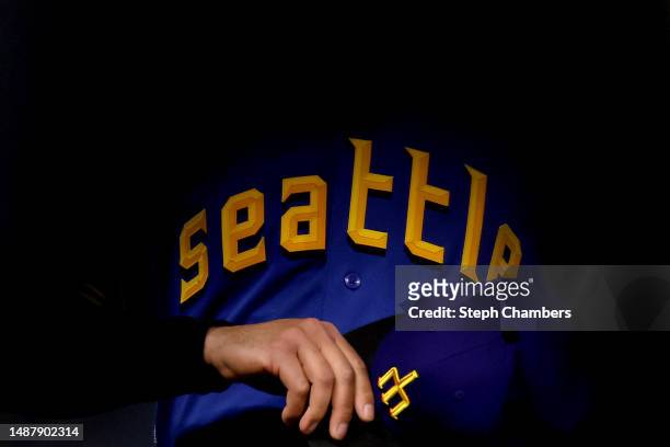 The City Connect uniform of Luis Castillo of the Seattle Mariners is seen during the fifth inning against the Houston Astros at T-Mobile Park on May...