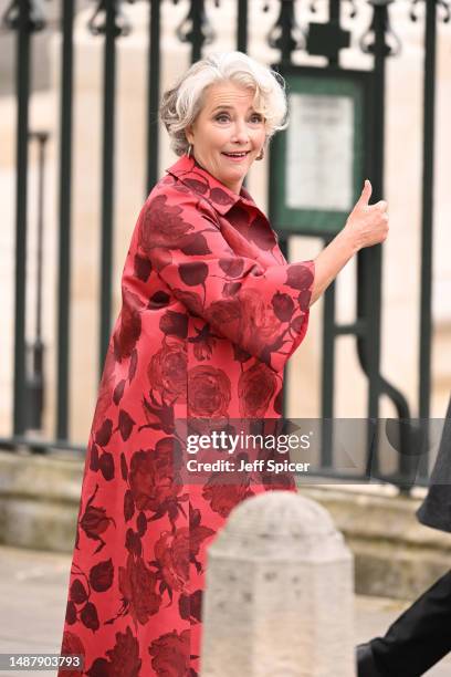 Dame Emma Thompson arrives at Westminster Abbey ahead of the Coronation of King Charles III and Queen Camilla on May 06, 2023 in London, England. The...