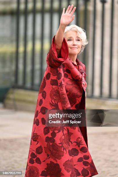 Dame Emma Thompson arrives at Westminster Abbey ahead of the Coronation of King Charles III and Queen Camilla on May 06, 2023 in London, England. The...