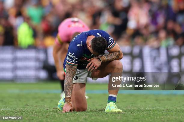 Charnze Nicole-Klokstad of the Warriors reacts after losing the round 10 NRL match between the New Zealand Warriors and Penrith Panthers at Suncorp...