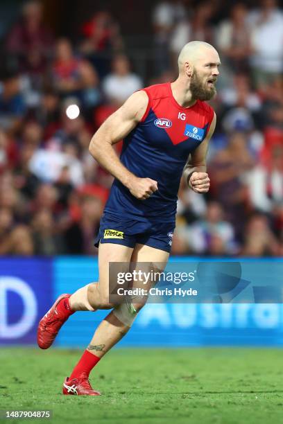 Max Gawn of the Demons celebrates a goal during the round eight AFL match between Gold Coast Suns and Melbourne Demons at Heritage Bank Stadium, on...