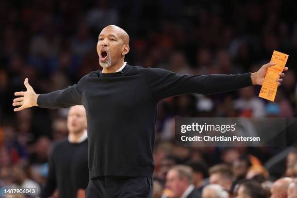 Head coach Monty Williams of the Phoenix Suns reacts during the first half of Game Three of the NBA Western Conference Semifinals at Footprint Center...