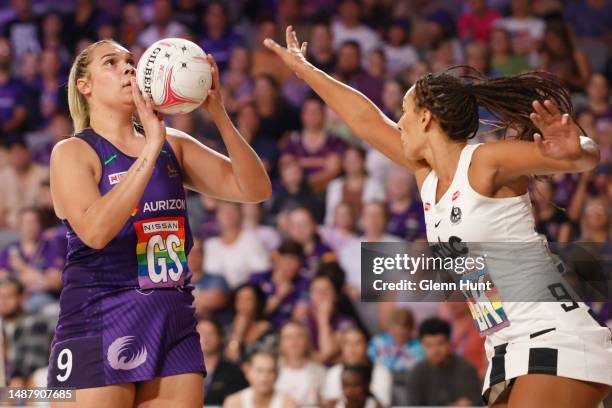 Donnell Wallam of the Firebirds prepares to shoot during the round eight Super Netball match between Queensland Firebirds and Collingwood Magpies at...