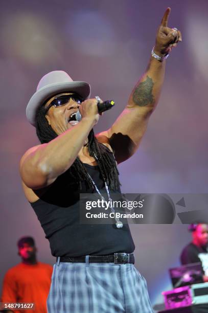 Melle Mel performs on stage to celebrate the premiere of Ice-T's new documentary film "Something For Nothing: The Art Of Rap" at HMV Hammersmith...