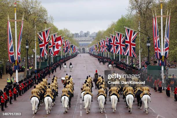 The Household Cavalry Mounted Band can be seen on the Mall ahead of the Coronation of King Charles III and Queen Camilla on May 06, 2023 in London,...