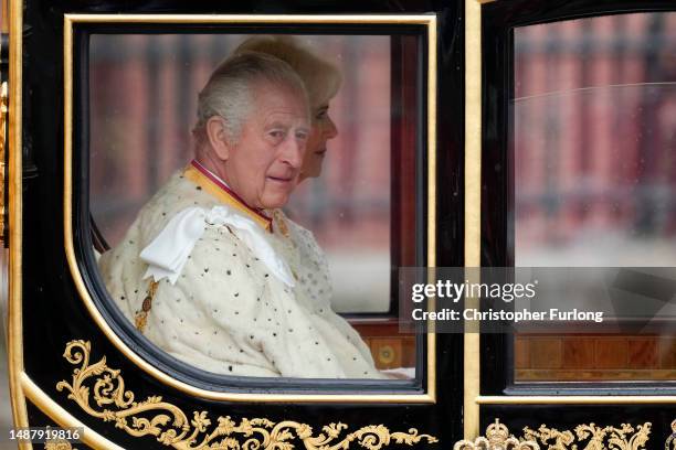 King Charles III and Camilla, Queen Consort travelling in the Diamond Jubilee Coach built in 2012 to commemorate the 60th anniversary of the reign of...