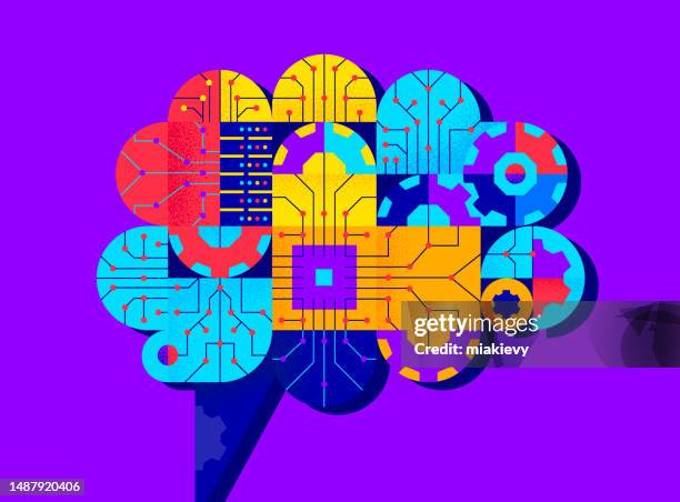 ilustrações, clipart, desenhos animados e ícones de cérebro de ia com chip - aprendizagem automática