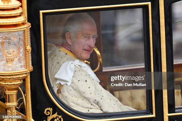 King Charles III travelling in the Diamond Jubilee Coach built in 2012 to commemorate the 60th anniversary of the reign of Queen Elizabeth II,...