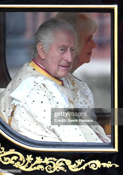 King Charles III and Camilla, Queen Consort travelling in the Diamond Jubilee Coach built in 2012 to commemorate the 60th anniversary of the reign of...