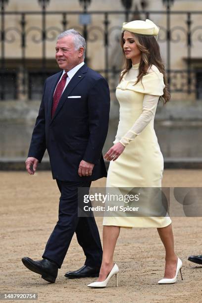 Abdullah II of Jordan and Queen Rania of Jordan attend attend the Coronation of King Charles III and Queen Camilla on May 06, 2023 in London,...