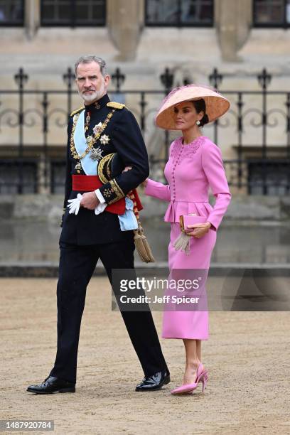 King Felipe VI of Spain and Queen Letizia of Spain attend the Coronation of King Charles III and Queen Camilla on May 06, 2023 in London, England....