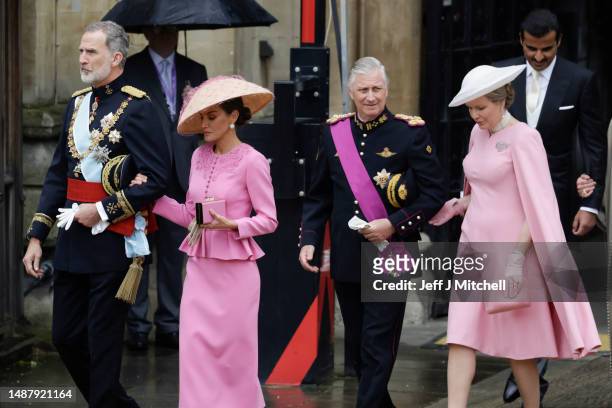 King Felipe VI of Spain, Queen Letizia of Spain, King Philippe of Belgium and Queen Mathilde of Belgium attend the Coronation of King Charles III and...