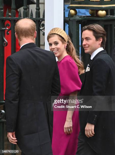 Princess Beatrice of York and Edoardo Mapelli Mozzi arrive at the Coronation of King Charles III and Queen Camilla on May 06, 2023 in London,...