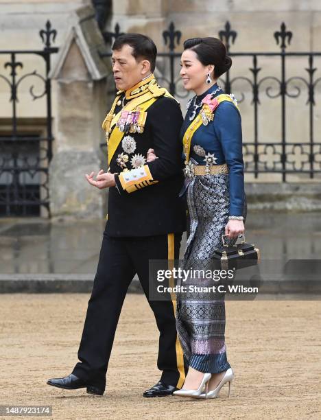King Vajiralongkorn of Thailand and Queen Suthida of Thailand during the Coronation of King Charles III and Queen Camilla on May 06, 2023 in London,...