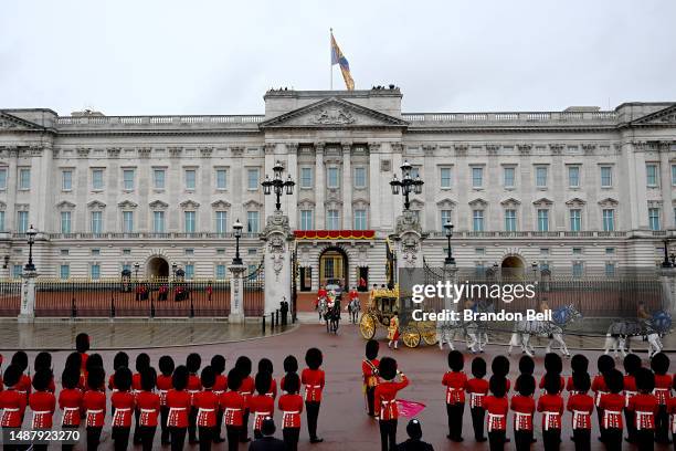 King Charles III and Camilla, Queen Consort travelling in the Diamond Jubilee Coach built in 2012 to commemorate the 60th anniversary of the reign of...