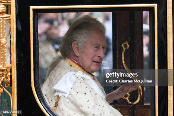 King Charles III travelling in the Diamond Jubilee Coach built in 2012 to commemorate the 60th anniversary of the reign of Queen Elizabeth II,...