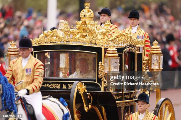 King Charles III travelling in the Diamond Jubilee Coach built in 2012 to commemorate the 60th anniversary of the reign of Queen Elizabeth II,...