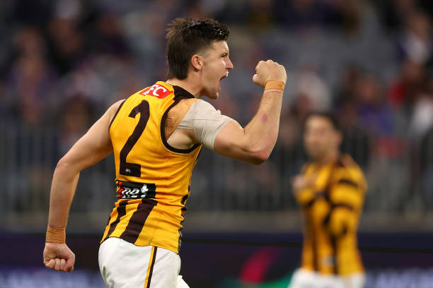 Mitch Lewis of the Hawks celebrates a goal during the round eight AFL match between Fremantle Dockers and Hawthorn Hawks at Optus Stadium, on May 06...