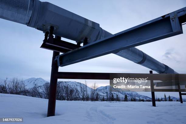 Part of the Trans Alaska Pipeline System runs past Alaska Range mountains on May 5, 2023 near Delta Junction, Alaska. The 800-mile-long pipeline...