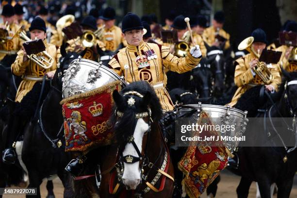 The Household Cavalry Mounted Band can be seen on the Mall during the Coronation of King Charles III and Queen Camilla on May 06, 2023 in London,...